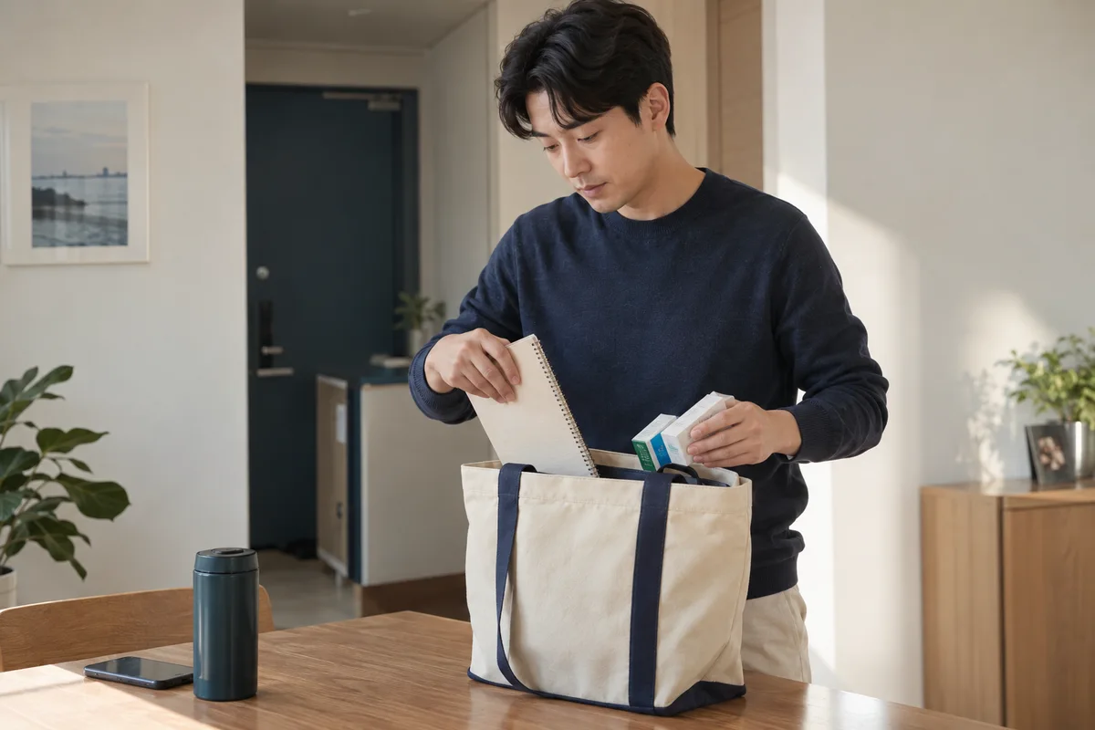 진료에 가져갈 공책과 복용약을 챙기는 장면 — AI 생성 이미지
