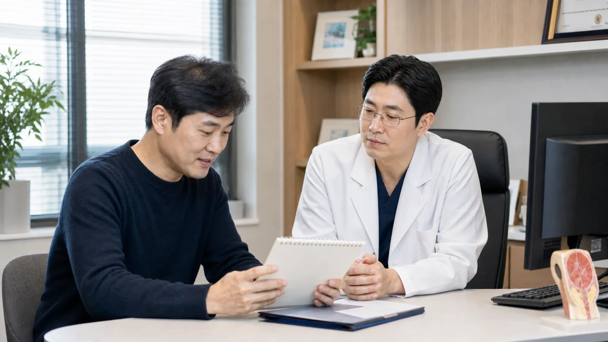 患者与医务人员一起查看排尿记录并咨询尿液变化情况