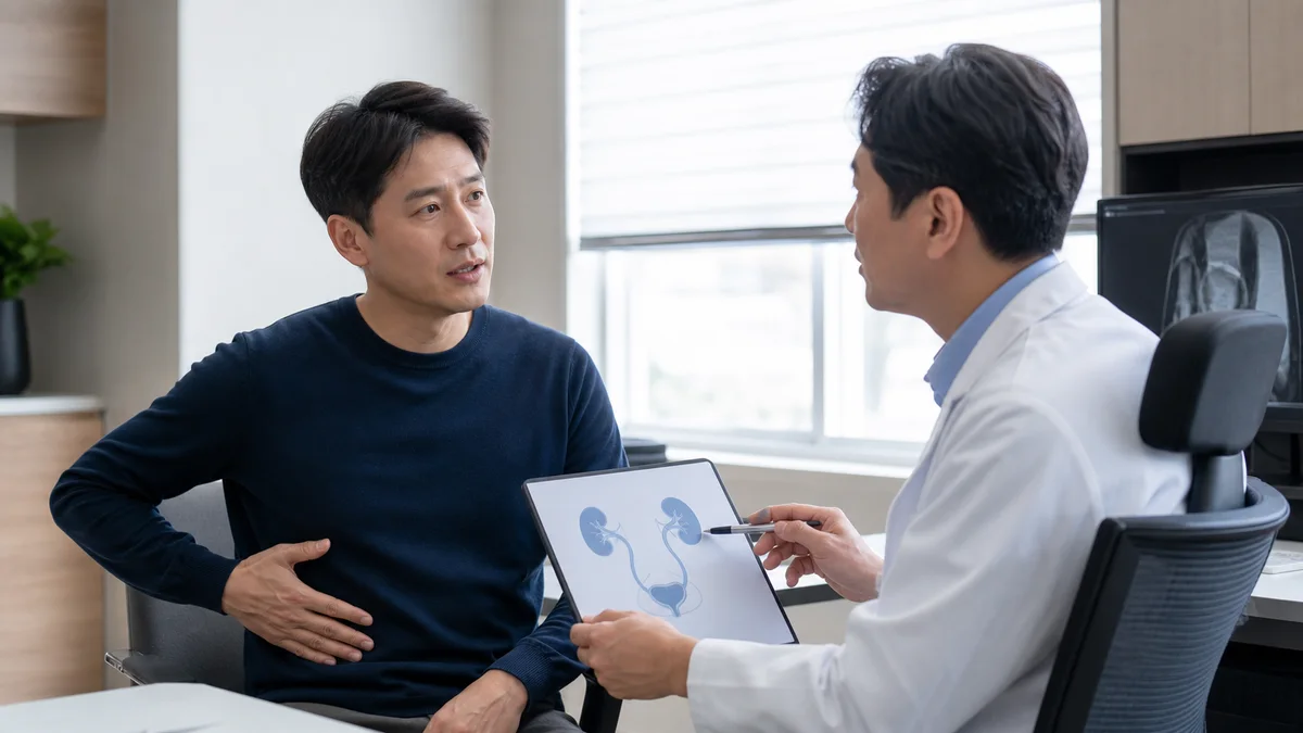 患者向医护人员解释侧腹部疼痛和尿路症状