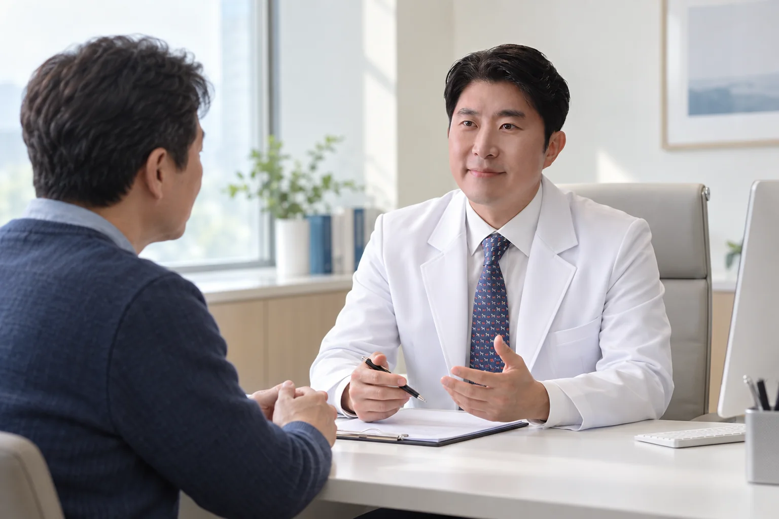 발기부전 약 복용 전 건강 상태를 상담하는 중년 남성