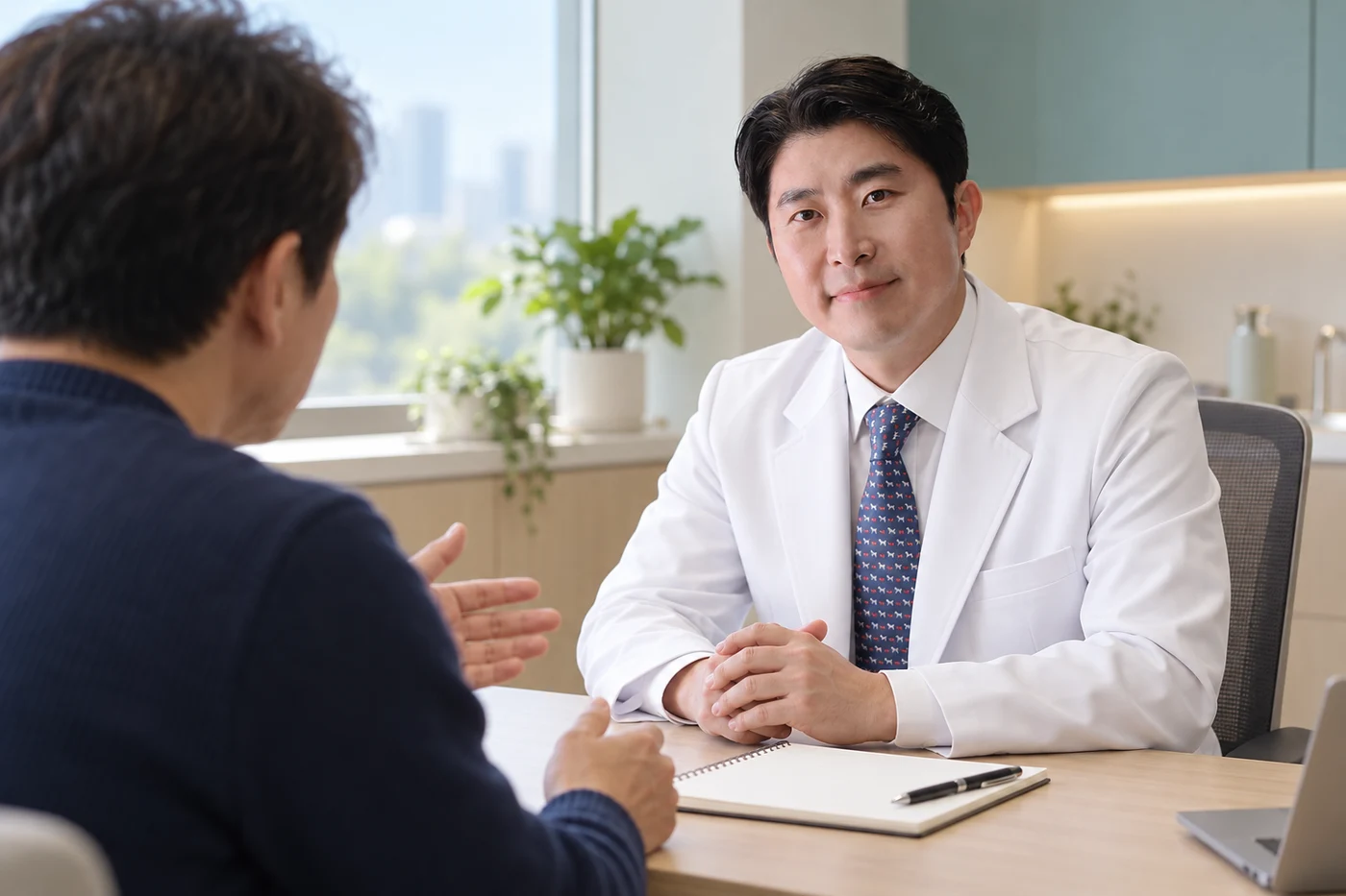 박지현 원장과 성인 남성의 배뇨 후 요점적 상담을 재구성한 AI 생성 이미지