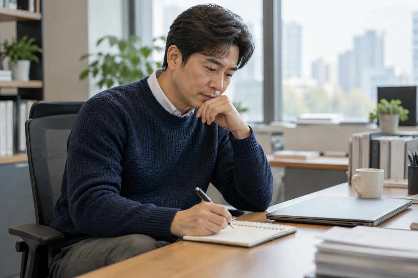 배뇨 후 증상이 생기는 시점을 공책에 기록하는 성인 남성 — AI 생성 이미지