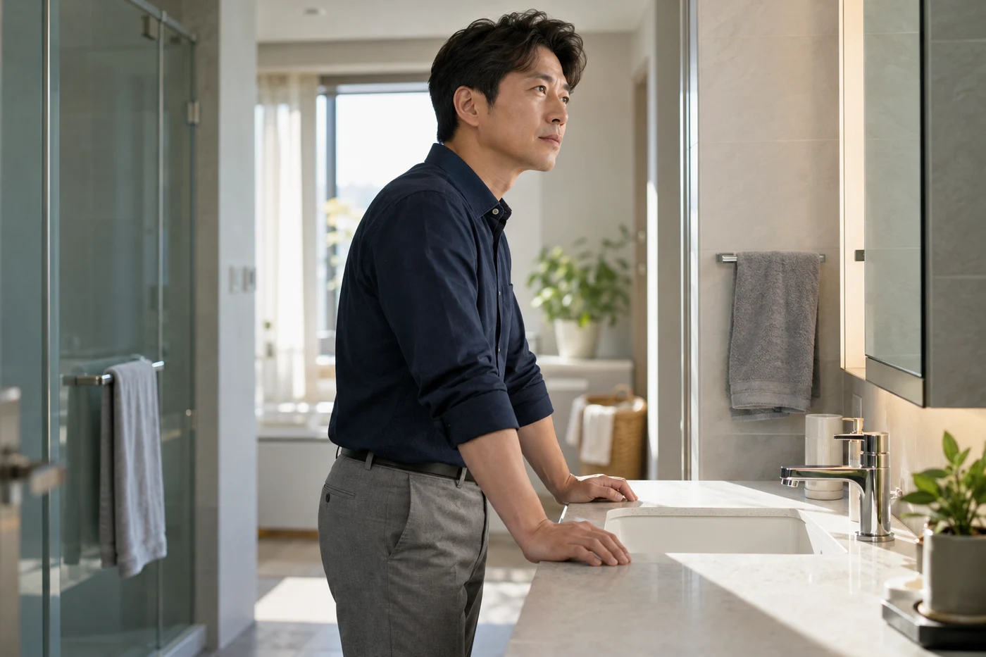 화장실 이용 후 세면대 앞에서 잠시 여유를 두는 성인 남성 — AI 생성 이미지