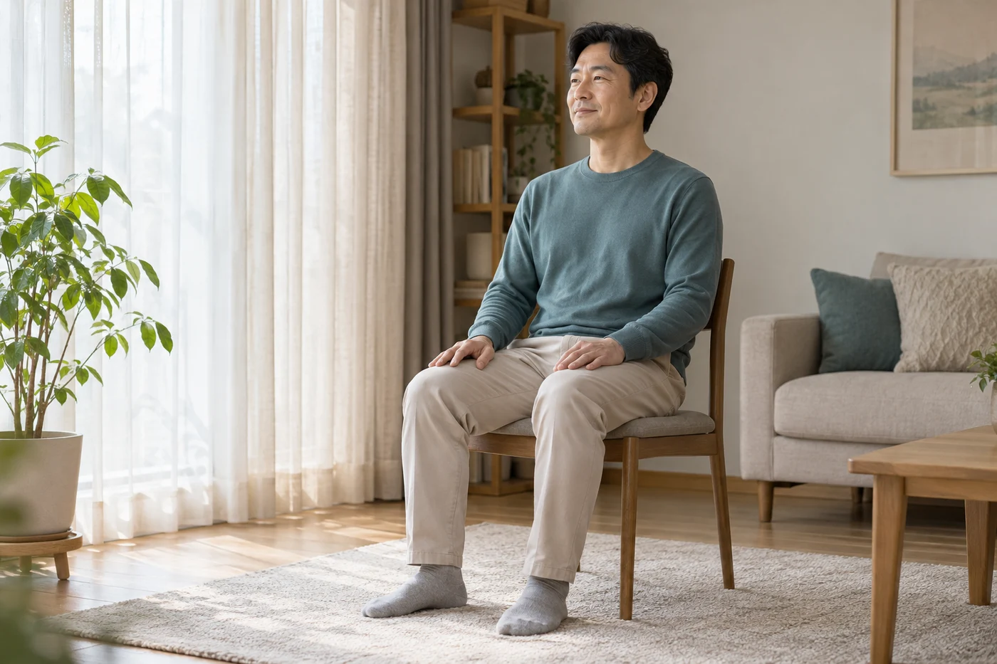 의자에 편안히 앉아 골반저근 운동의 수축과 이완을 준비하는 성인 남성 — AI 생성 이미지