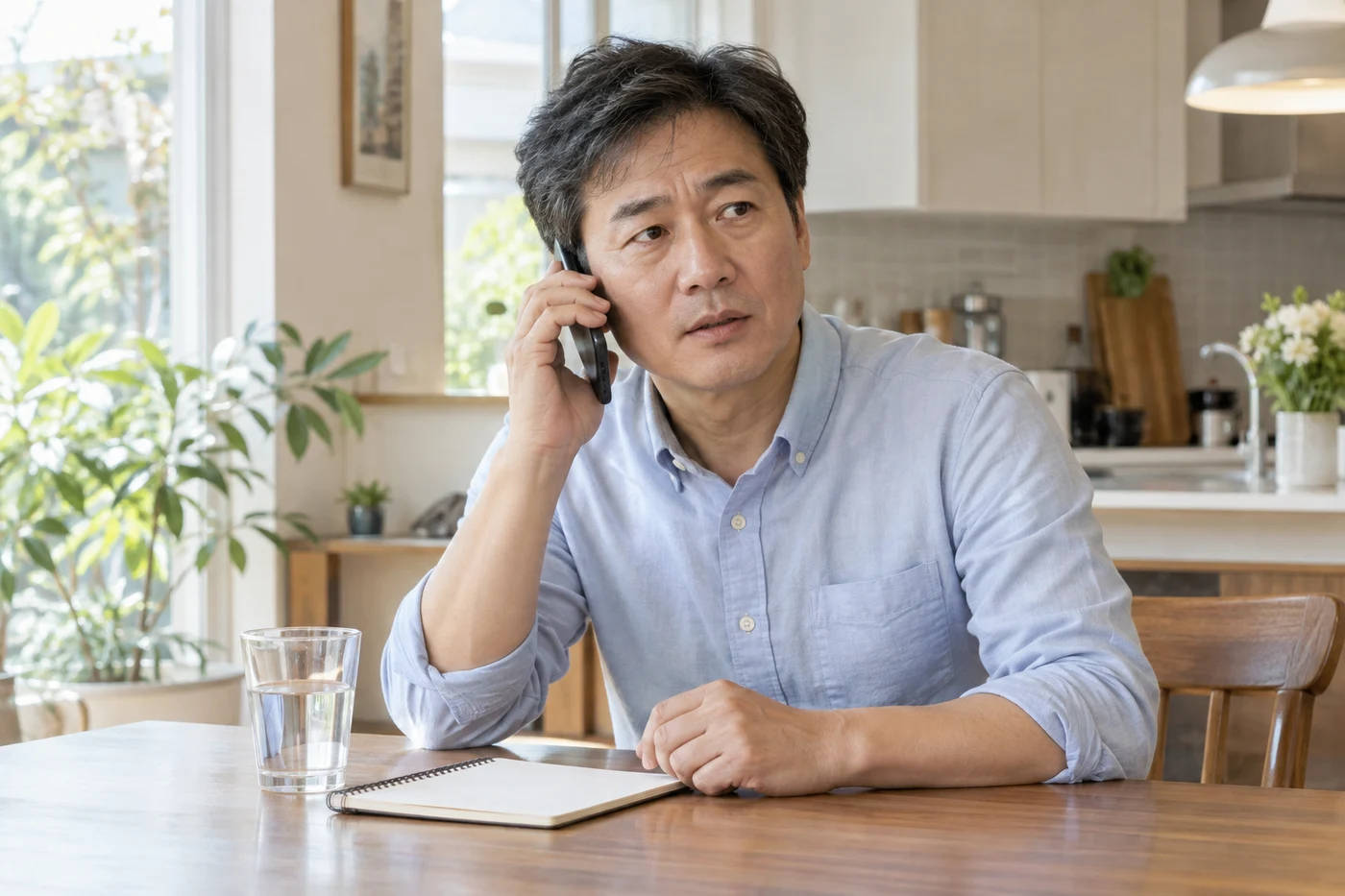 새 배뇨 증상을 의료기관에 전화로 알리는 성인 남성 — AI 생성 이미지