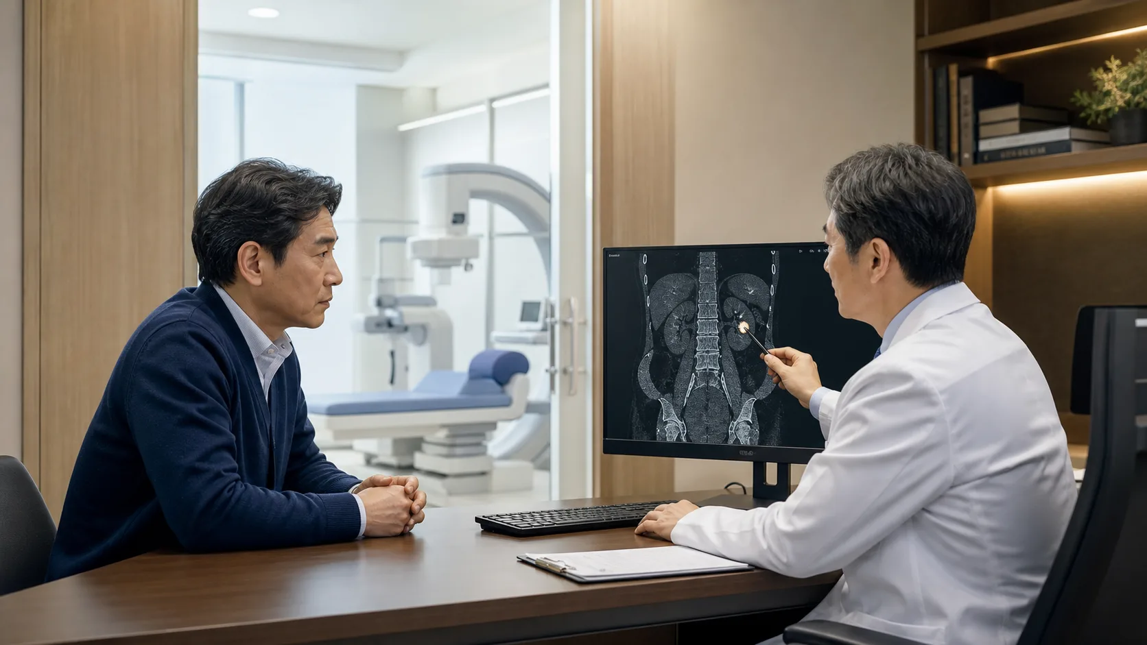 요로결석 CT 영상을 보며 체외충격파쇄석술의 적합성을 설명하는 비뇨기과 전문의와 환자