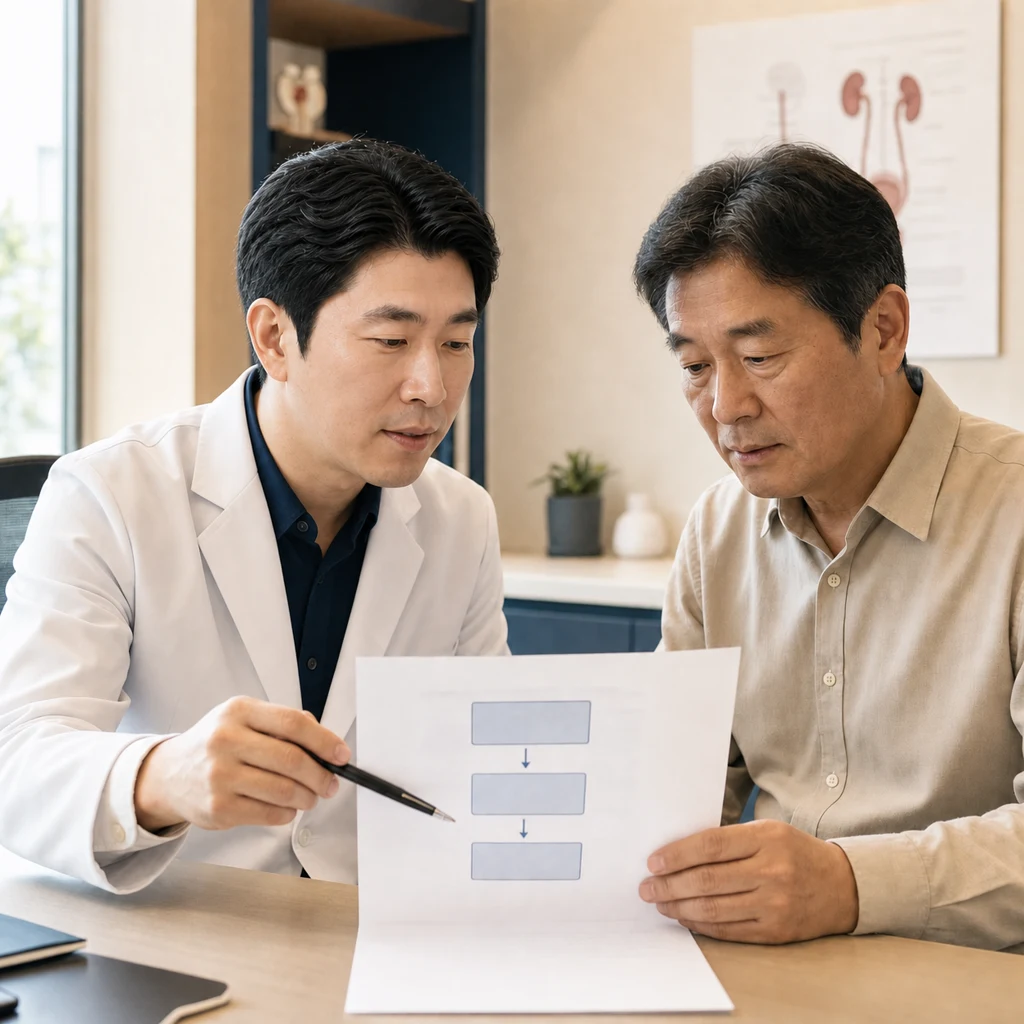 Medical staff and patient consulting on the step-by-step treatment pathway for erectile dysfunction