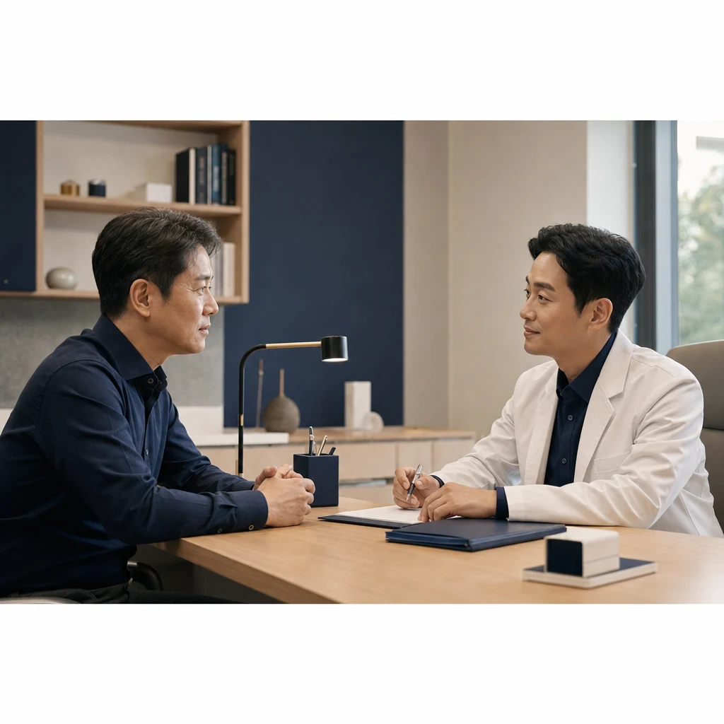 삼성역 비뇨의학과 진료실에서 증상을 상담하는 성인 남성과 의사