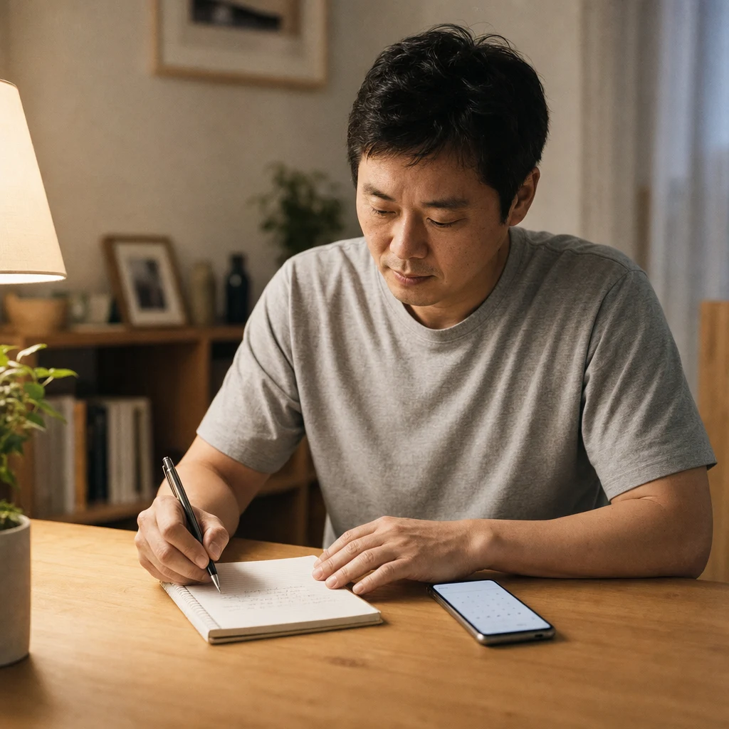 진료 전 증상과 복용 약물을 노트에 기록하는 성인 남성