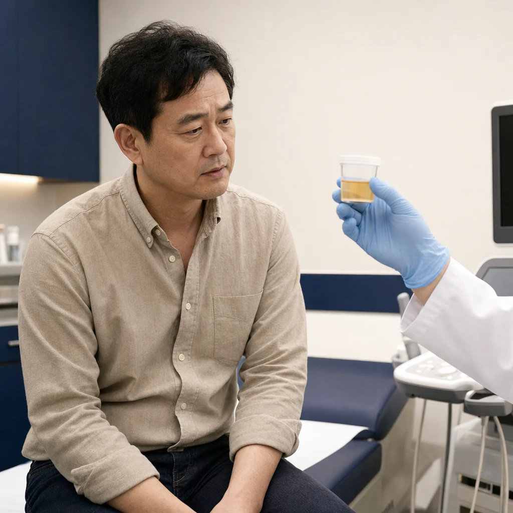 비뇨의학과 검사실에서 소변 검체를 확인하는 의사와 40대 남성 환자