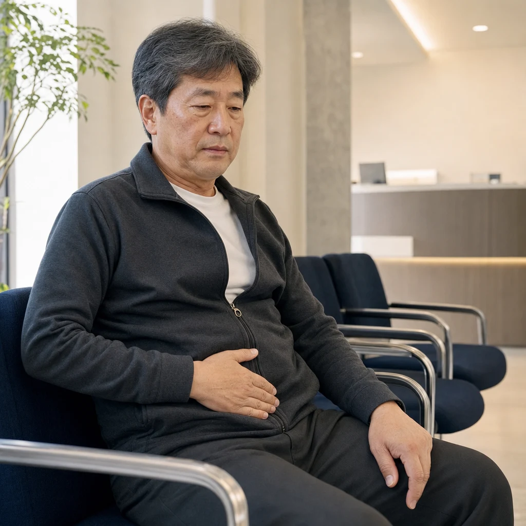 아랫배 불편감을 느끼며 비뇨의학과 대기실에서 기다리는 50대 남성 환자