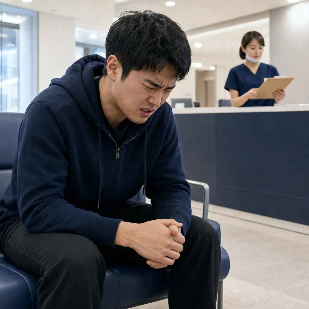 급성 통증으로 응급 클리닉에 방문해 대기 중인 20대 남성