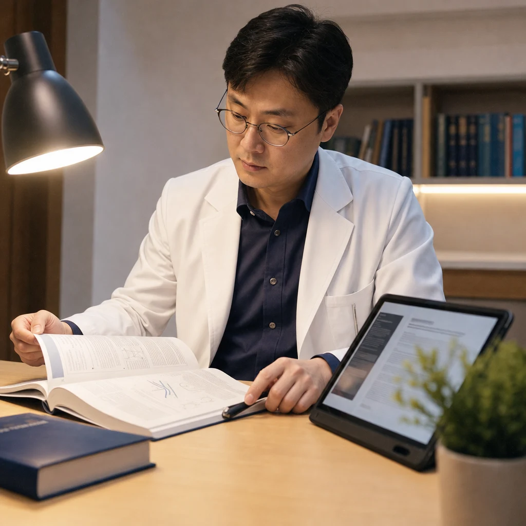 비뇨기과 전문의가 EAU·AUA 임상 가이드라인을 검토하는 장면
