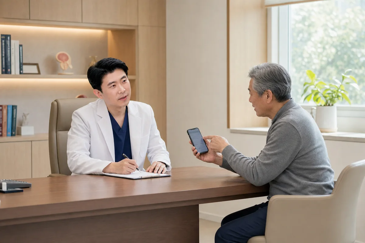 스마트폰 배뇨 기록을 보며 증상을 확인하는 비뇨기과 전문의와 환자