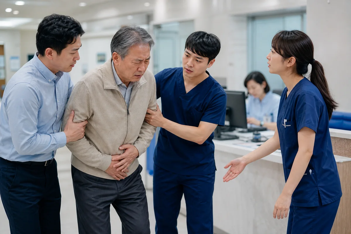 소변이 나오지 않고 아랫배 통증이 심한 환자를 신속히 안내하는 응급 의료진