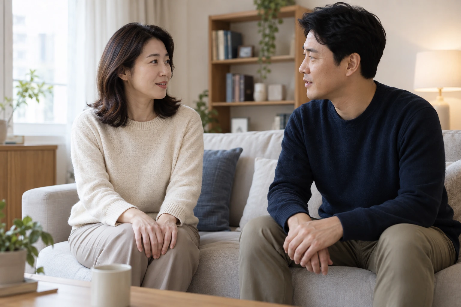 수술 전 장래 자녀 계획을 함께 이야기하는 성인 부부