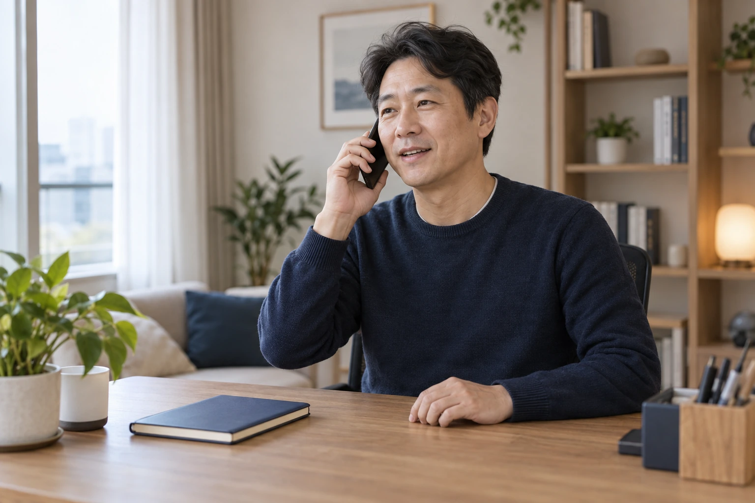 검사 날짜와 결과 상담 일정을 전화로 확인하는 남성