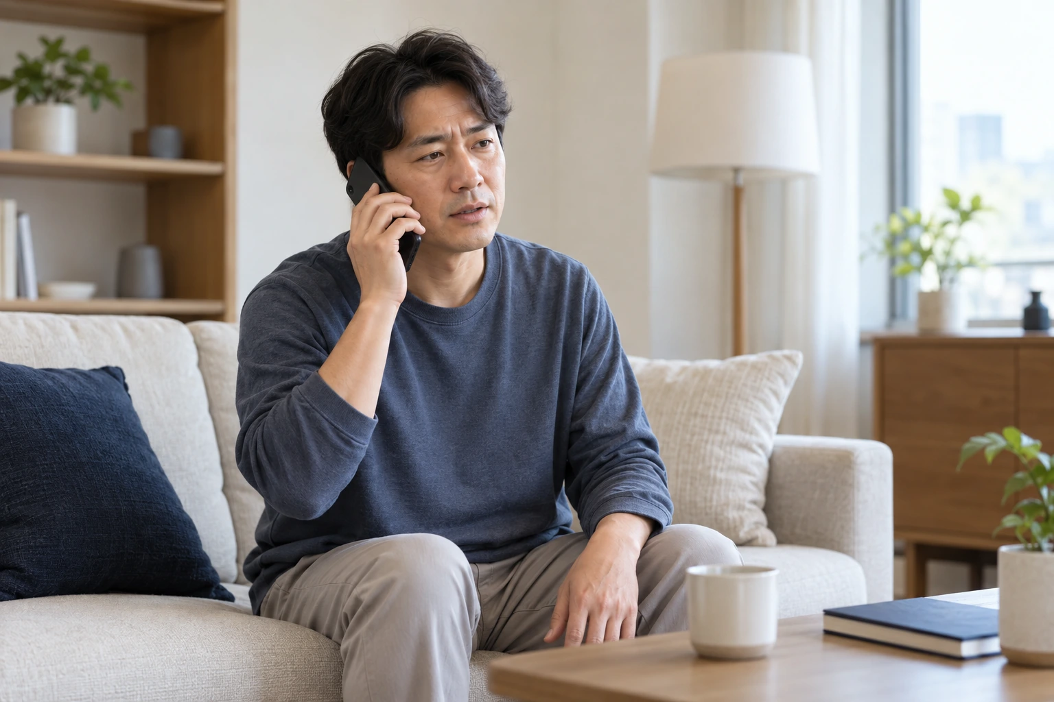 회복 중 증상 변화를 병원에 문의하는 남성