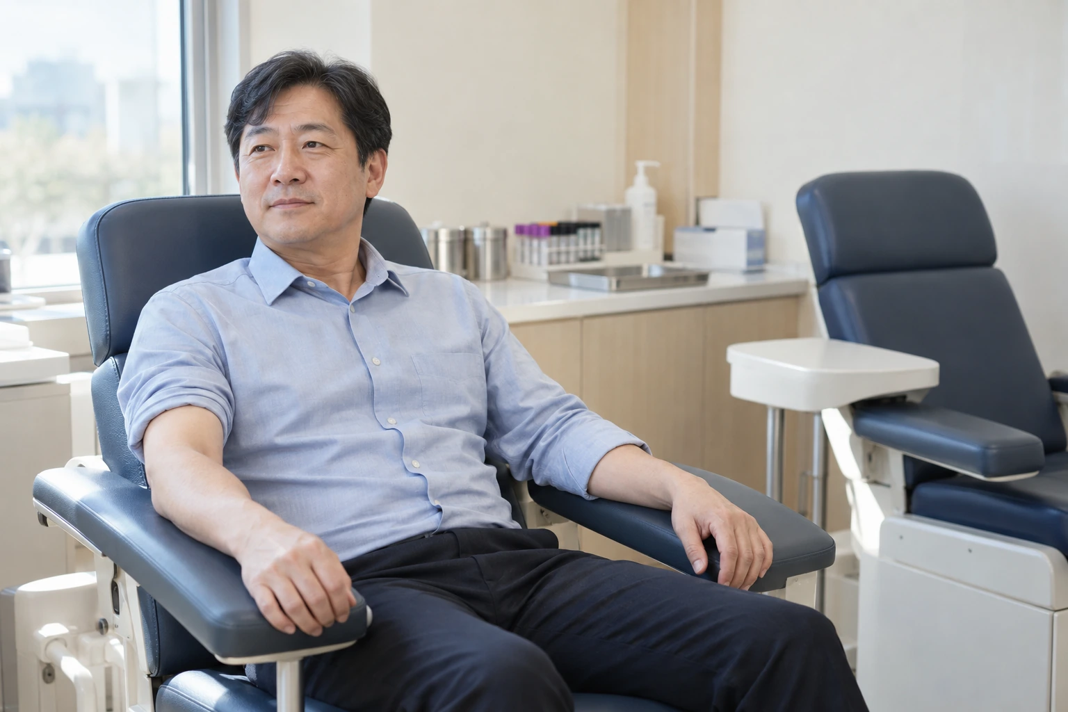 아침 혈액검사를 앞두고 채혈 의자에서 준비하는 남성