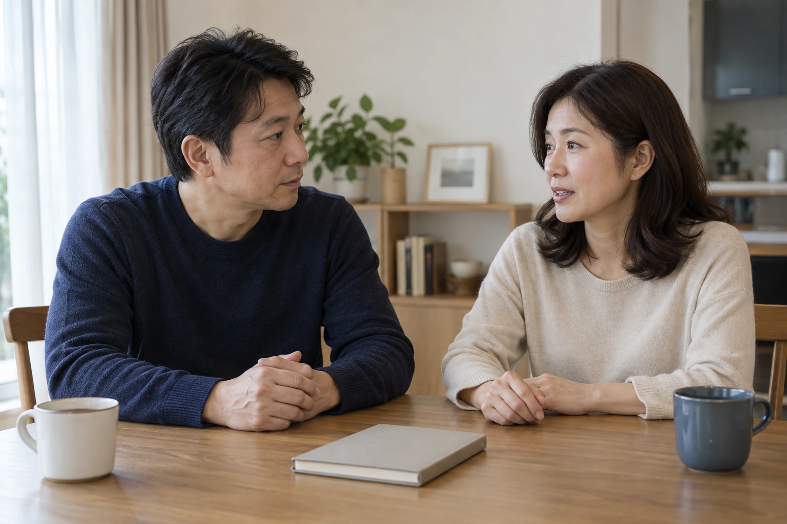 자녀 계획을 함께 이야기하는 성인 부부