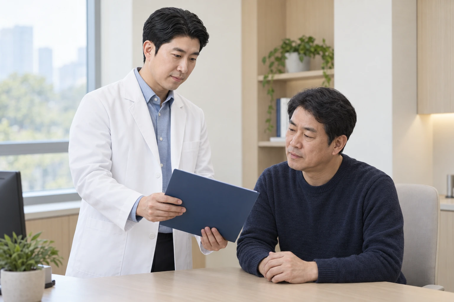 치료 후 경과와 추적검사 계획을 상담하는 의사와 남성