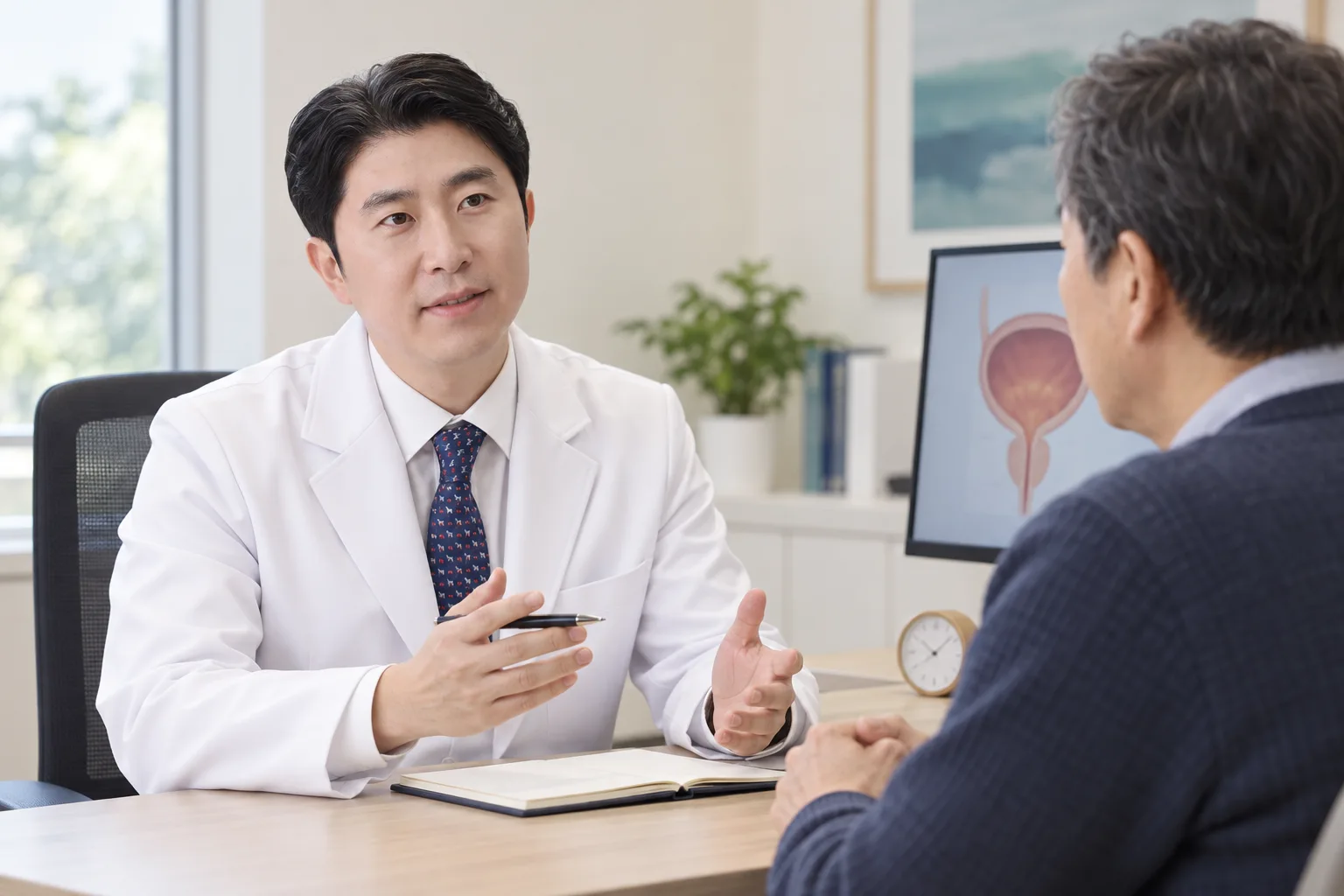 박지현 원장과 성인 남성이 역삼동 과민성방광 상담, 갑자기 마려운 소변의 원인부터 주제로 상담하는 AI 생성 이미지