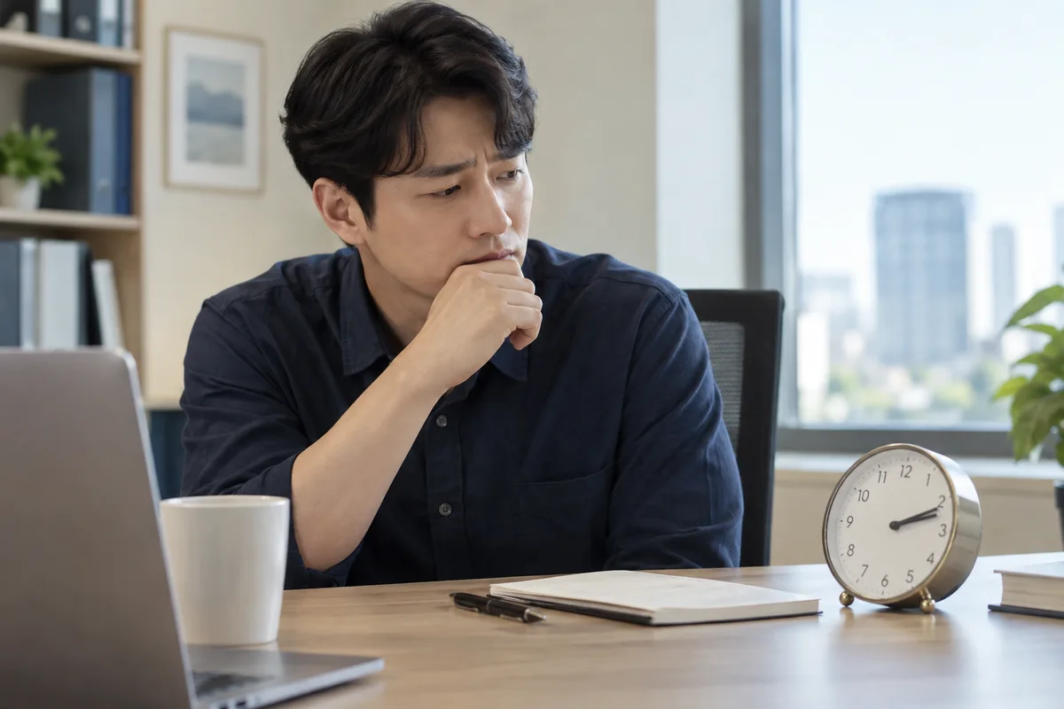 업무 중 배뇨 불편을 느끼는 성인 남성 — AI 생성 이미지