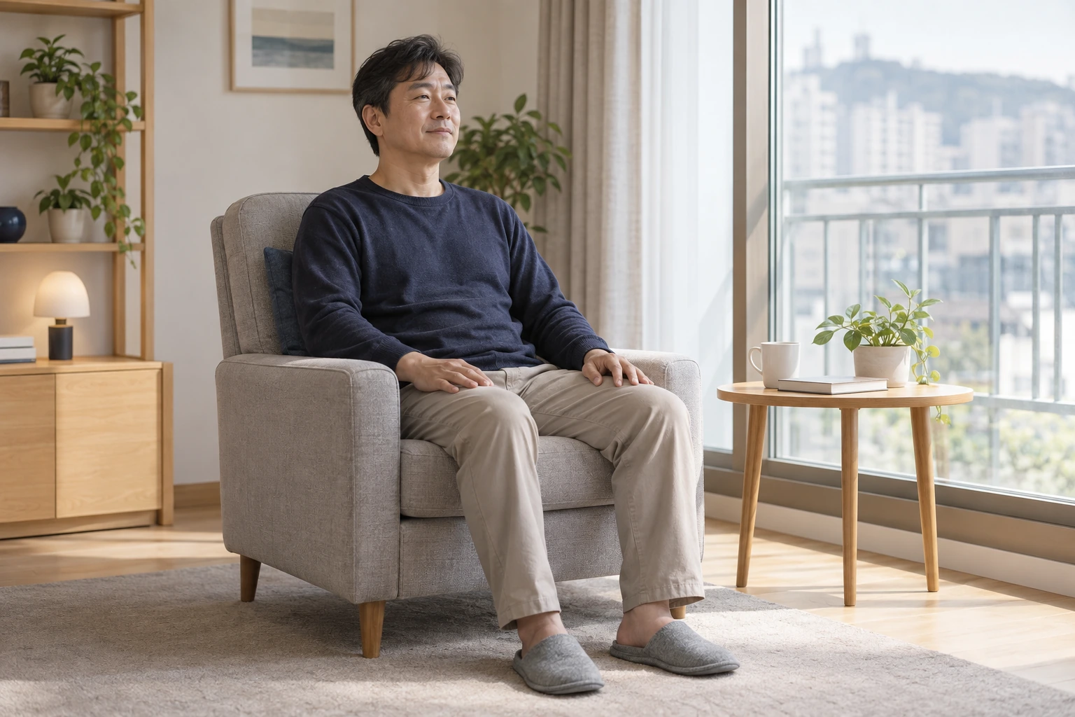 편안한 자세로 쉬며 몸의 긴장을 살피는 남성