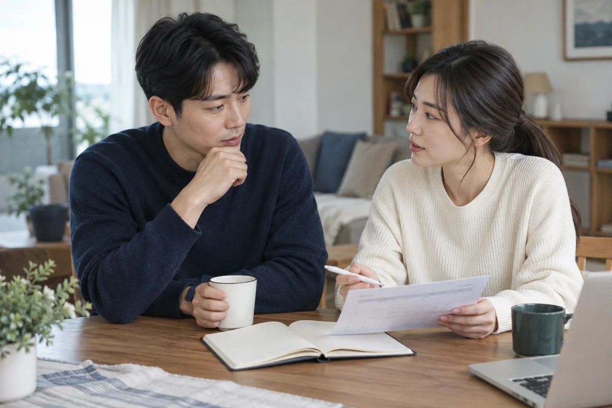 건강과 검사 계획을 차분하게 이야기하는 성인 남녀
