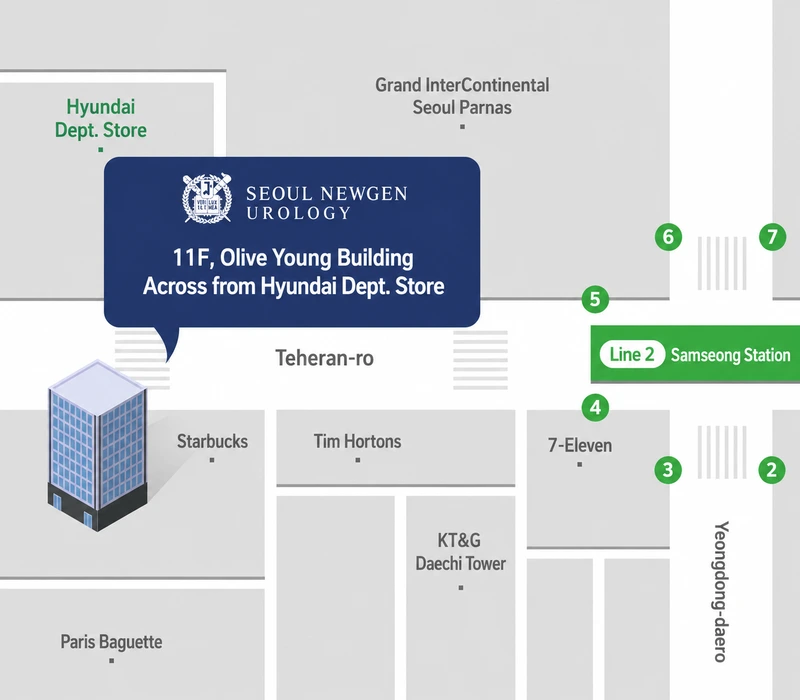 Location map: From Exit 4 of Samseong Station (Line 2), walk straight for 100 m to the Olive Young building. Seoul Newgen Urology Clinic is on the 11th floor. 