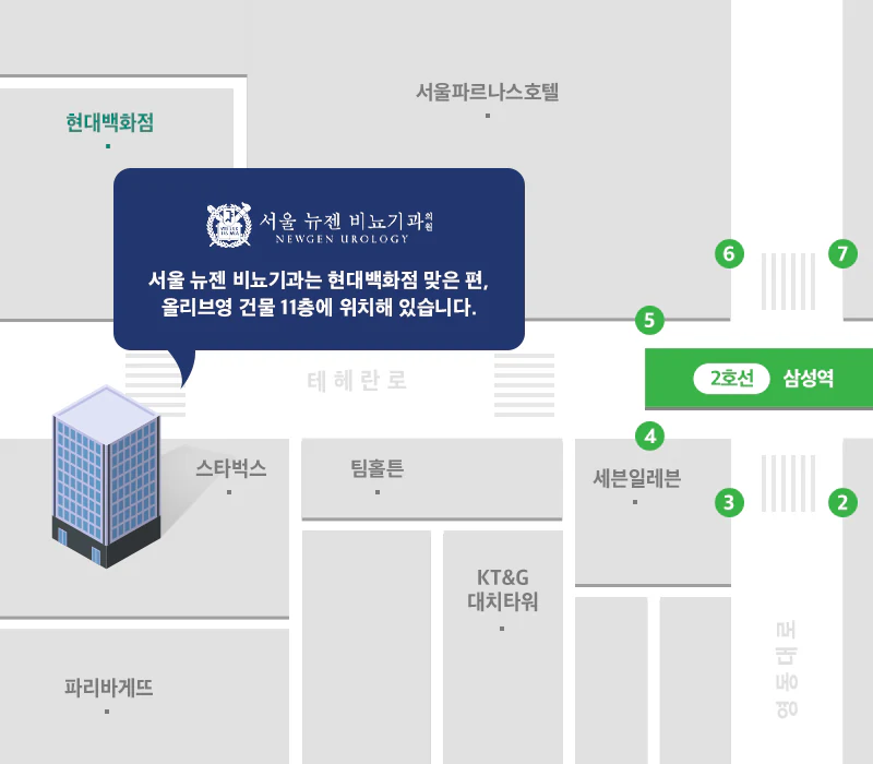 2호선 삼성역 4번출구 직진방향 100m,올리브영 건물 11층에 위치해 있습니다. 